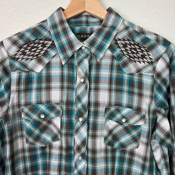Roper Women's Large Plaid Print Embroidered Pearl Snap Western Shirt Long Sleeve - Picture 2 of 9